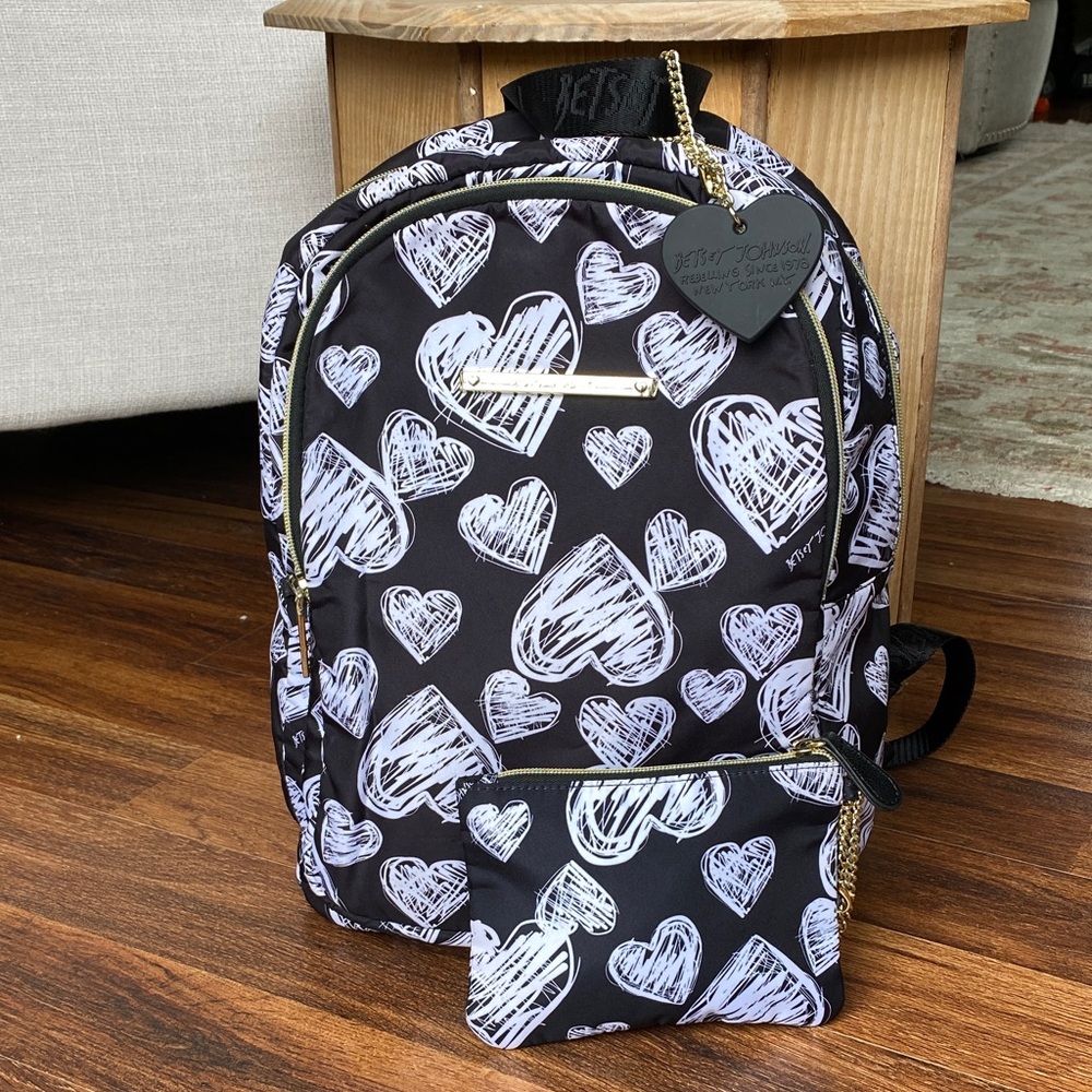 Betsy Johnson black and white heart back pack with matching zipper pouch